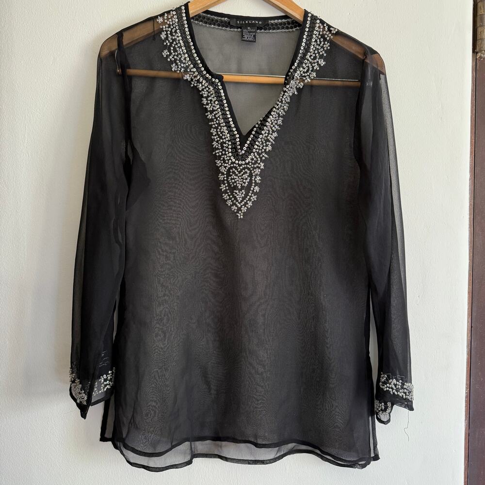 SILKLAND | Black Sheer Beaded Split neck Tunic Top | XL (fits small)